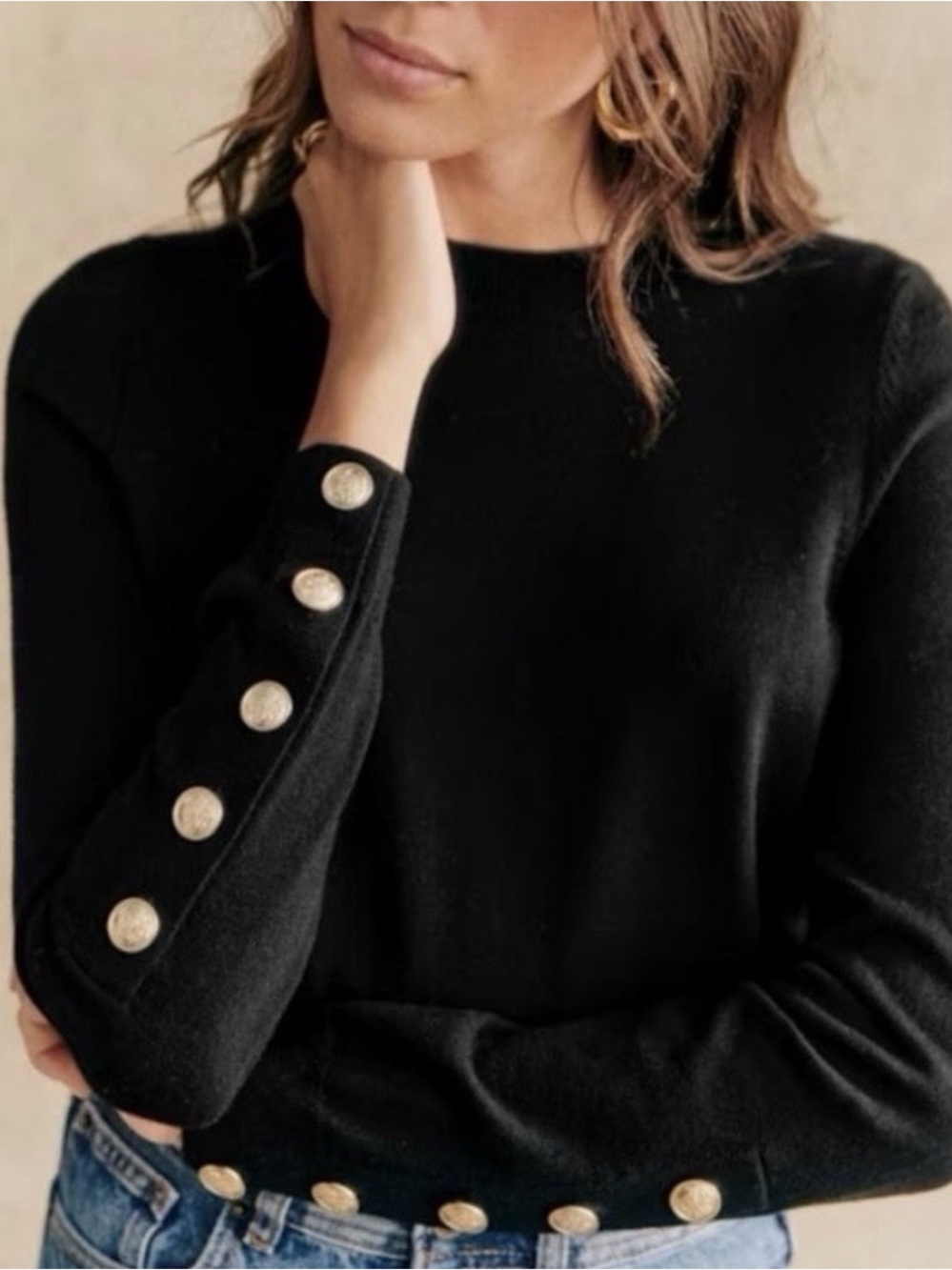 Sezane Black Crewneck Sweater with Gold Button Accents